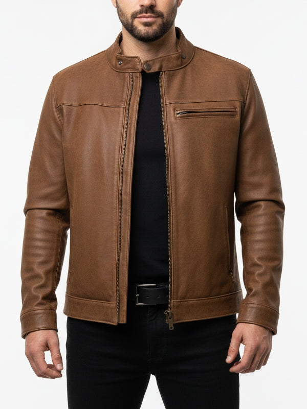 Men's Dodge Tan Brown Cafe Racer Leather Jacket