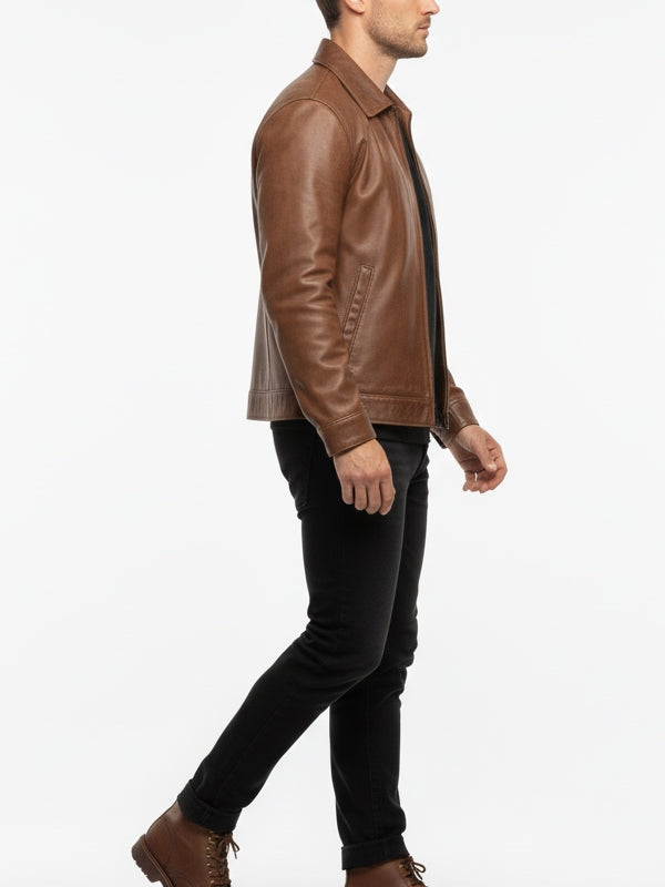 Men’s Keanu Slim Fit Light Brown Leather Jacket - view 2