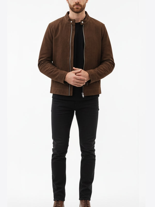 Men's Moto Racer Brown Suede Leather Jacket - view 2