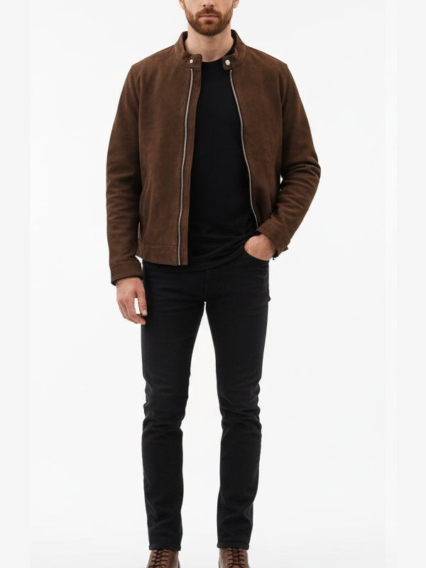 Men's Moto Racer Brown Suede Leather Jacket - view 3