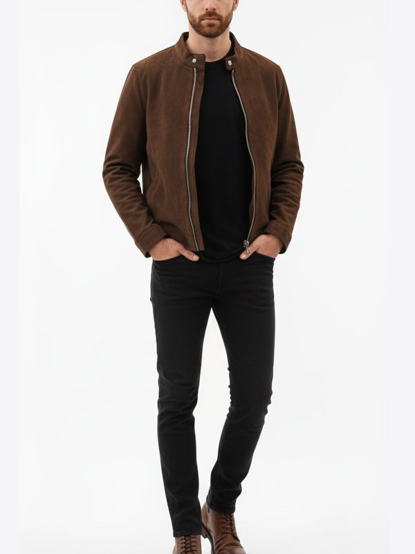 Men's Moto Racer Brown Suede Leather Jacket