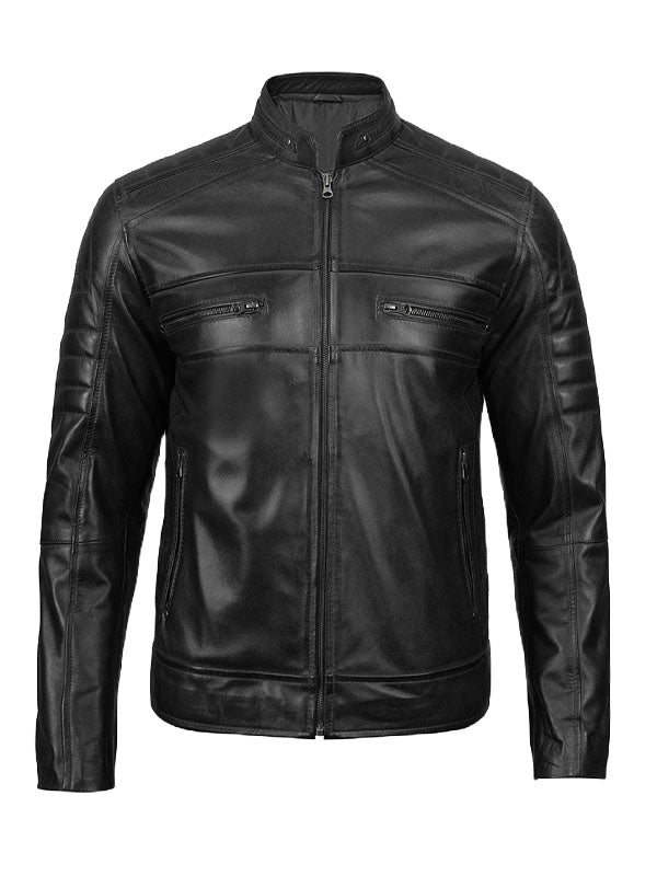 Men’s Cafe Racer Biker Black Leather Jacket