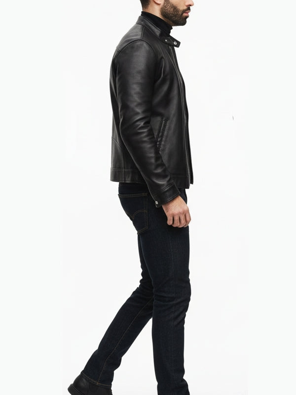 Men's Slim Fit Moto Biker Black Leather Jacket - view 2