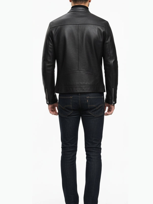 Men's Slim Fit Moto Biker Black Leather Jacket - view 3
