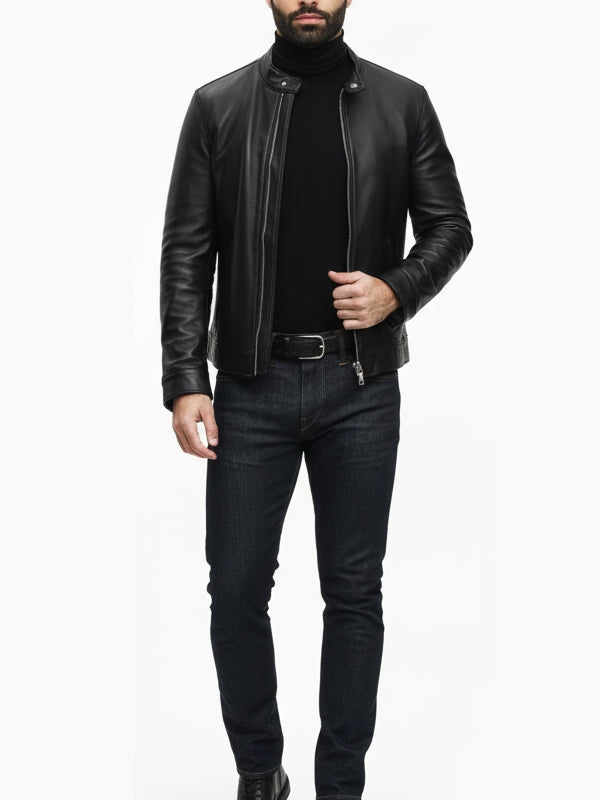 Men's Slim Fit Moto Biker Black Leather Jacket
