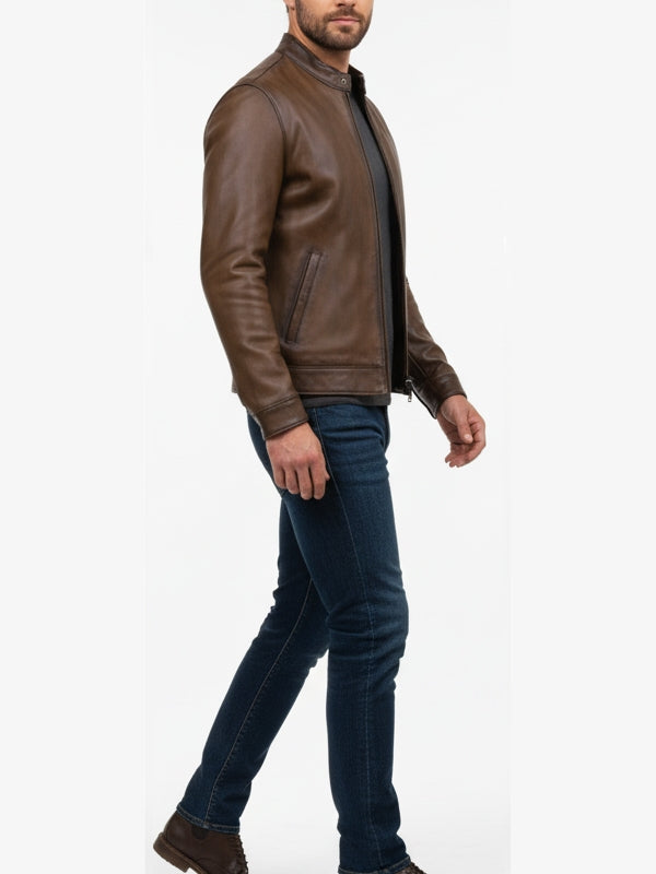 Men’s Slim Fit Brown Moto Leather Jacket - view 2