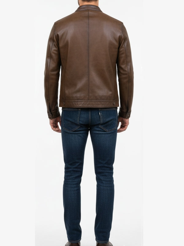 Men’s Slim Fit Brown Moto Leather Jacket - view 3