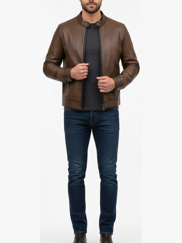 Men’s Slim Fit Brown Moto Leather Jacket