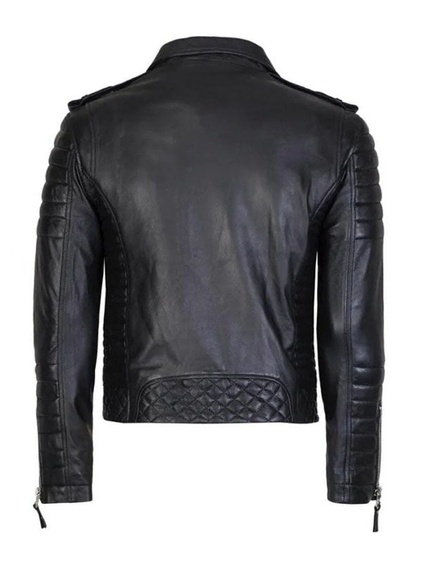 Men's Quilted Motor Biker Black Leather Jacket - view 2