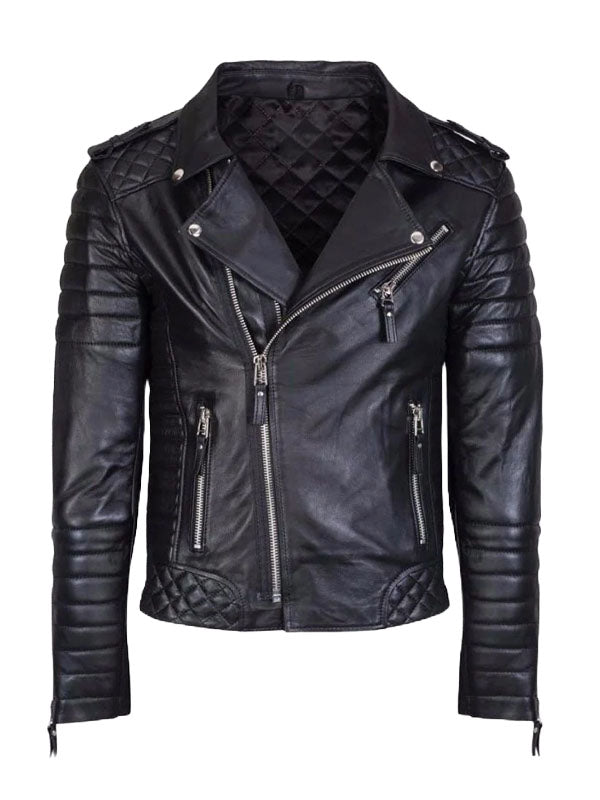 Men's Quilted Motor Biker Black Leather Jacket