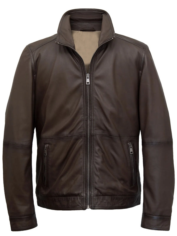 Men’s Full Zipper Dark Brown Leather Jacket