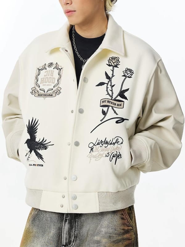 RIC Never Die Embroidered Cream Varsity Jacket