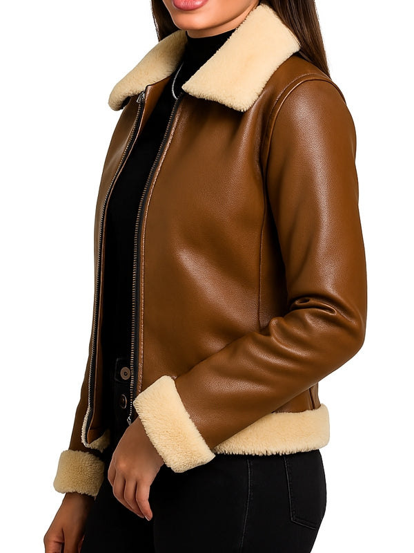 Women's Classic Aviator Tan Brown Leather Jacket - view 2
