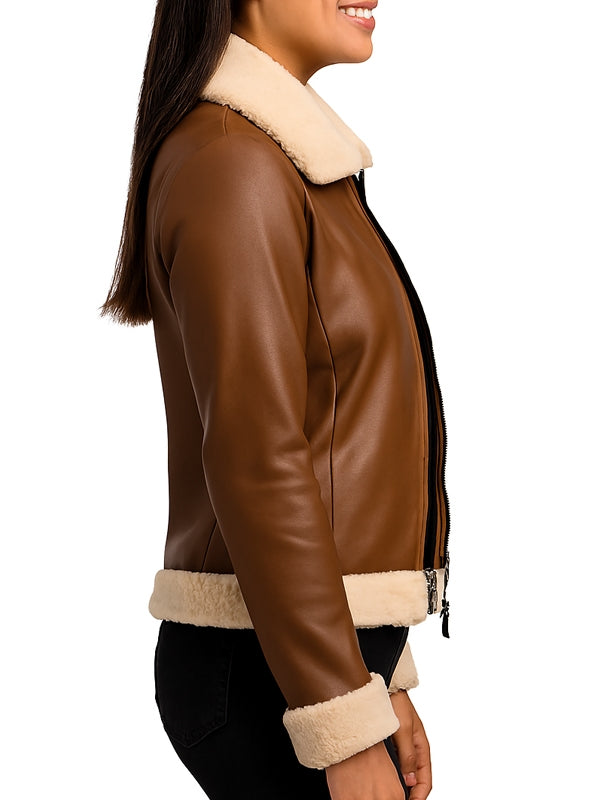 Women's Classic Aviator Tan Brown Leather Jacket - view 4