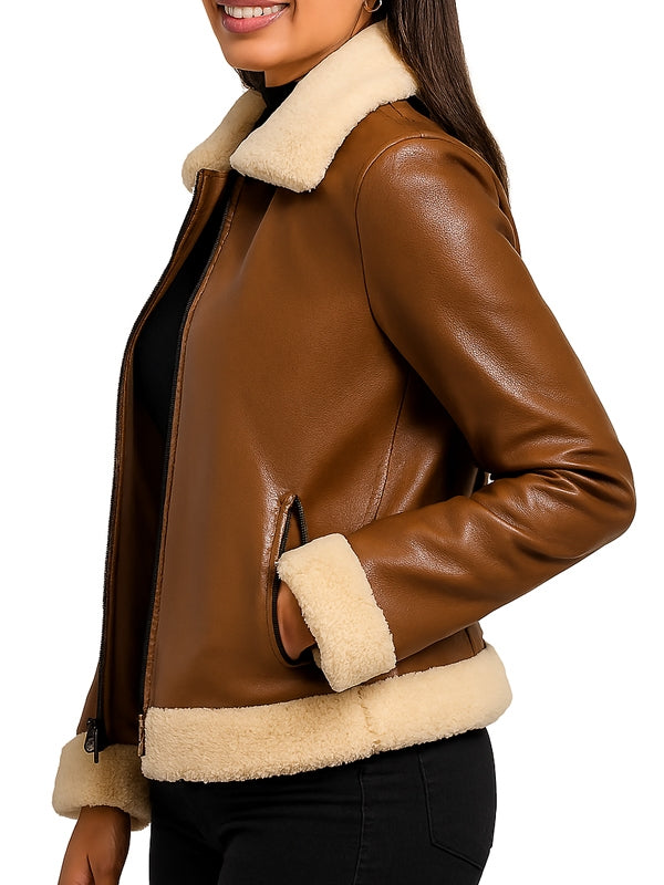 Women's Classic Aviator Tan Brown Leather Jacket - view 5