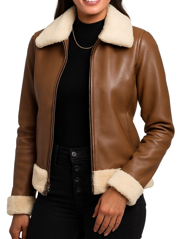 Women's Classic Aviator Tan Brown Leather Jacket