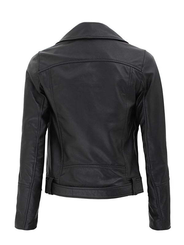Womens Asymmetrical Style Black Leather Biker Jacket - view 2