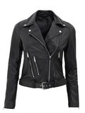Womens Asymmetrical Style Black Leather Biker Jacket