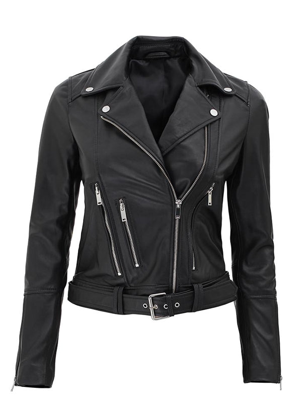 Womens Asymmetrical Style Black Leather Biker Jacket