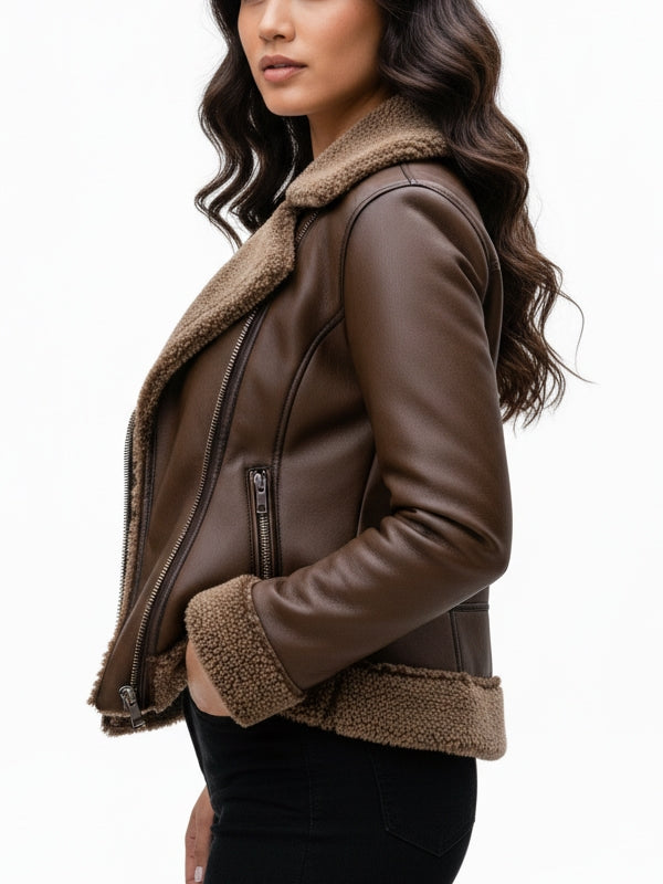 Women's Classic Aviator Brown Leather Jacket - view 3
