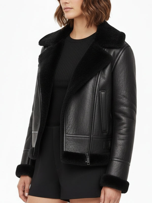 Women's B3 Black Shearling Leather Jacket - view 2