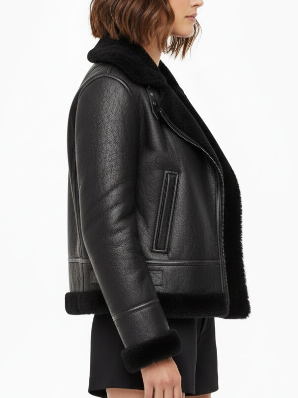 Women's B3 Black Shearling Leather Jacket - view 3