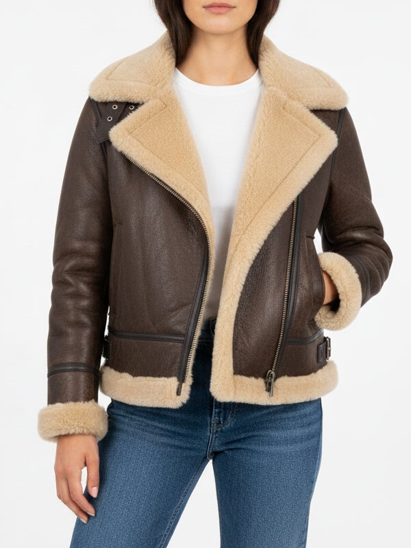 Women's B3 Brown Shearling Leather Jacket - view 2