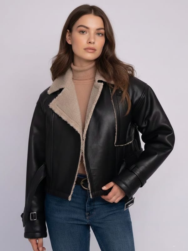 Women’s Belted Sherpa Lining Black Leather Jacket - view 2