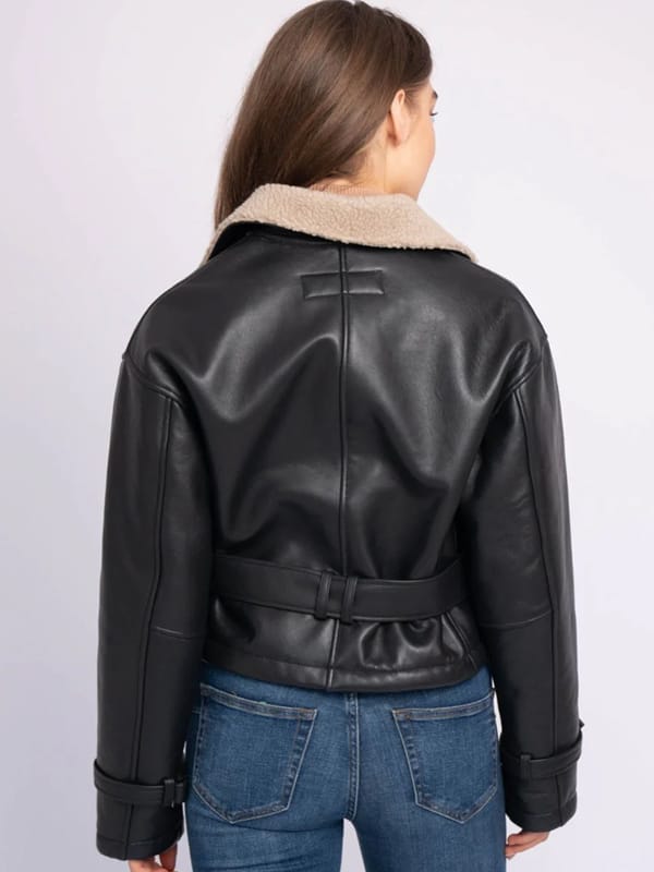 Women’s Belted Sherpa Lining Black Leather Jacket - view 3