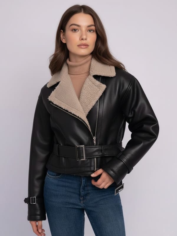 Women’s Belted Sherpa Lining Black Leather Jacket