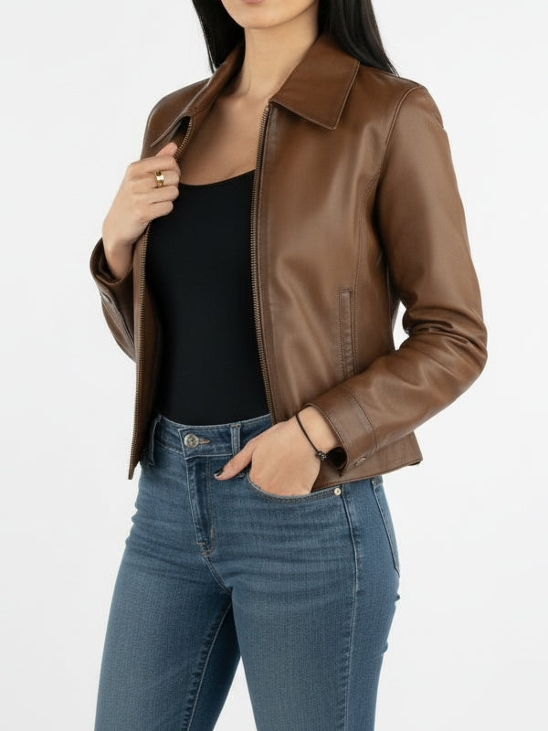 Women's Slim Fit Biker Edition Camel Brown Jacket - view 3