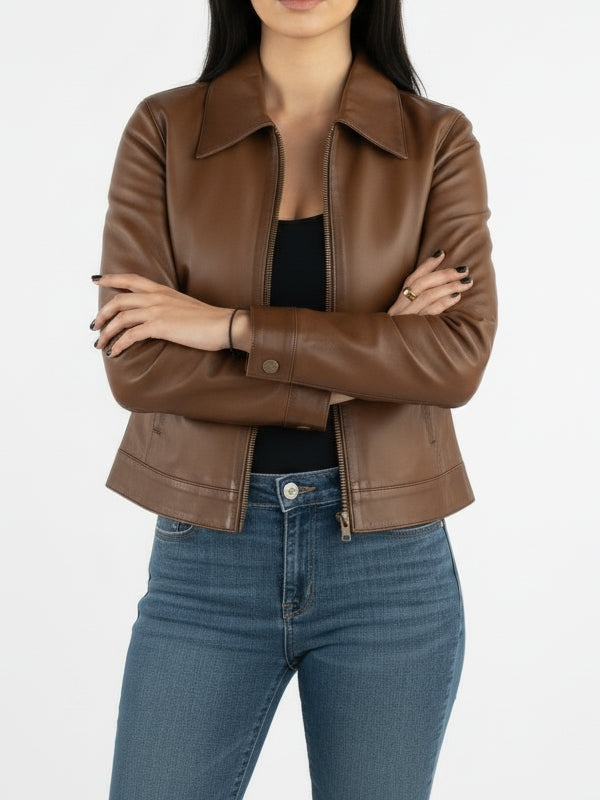 Women's Slim Fit Biker Edition Camel Brown Jacket - view 2