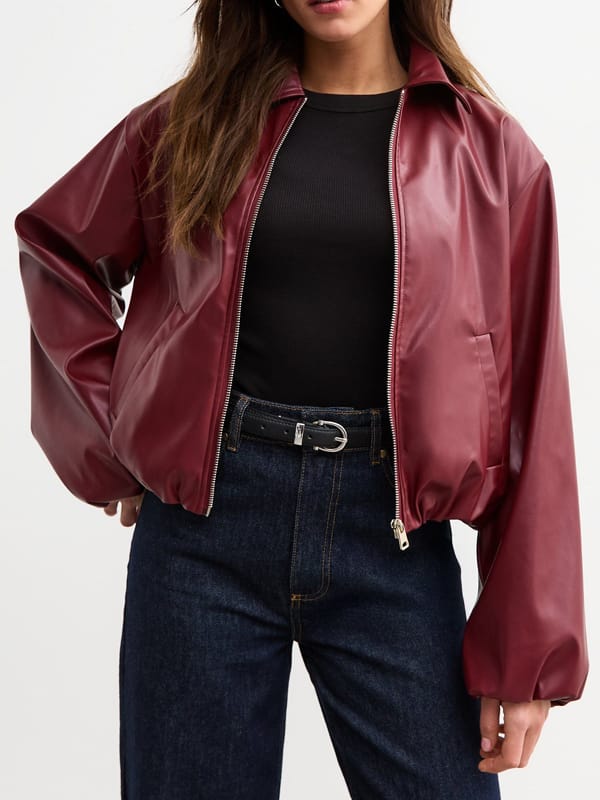 Women’s Bubble Hem Burgundy Bomber Jacket