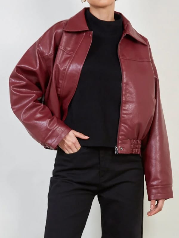 Women’s Burgundy Oversized Bomber Leather Jacket - view 2
