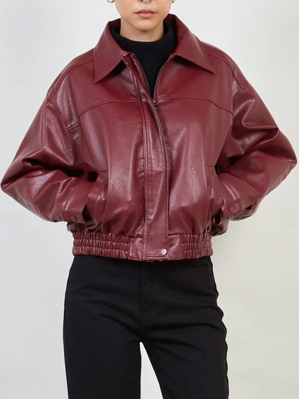 Women’s Burgundy Oversized Bomber Leather Jacket