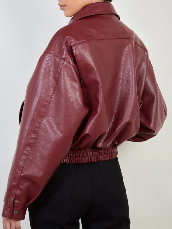 Women’s Burgundy Oversized Bomber Leather Jacket - view 3