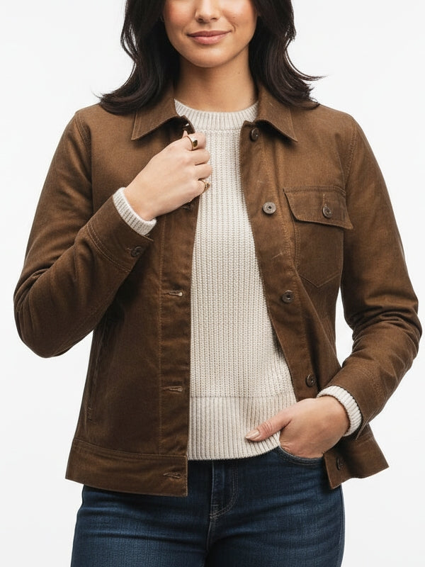 Women's Slim fit Plain Canvas Waxed Brown Jacket - view 2