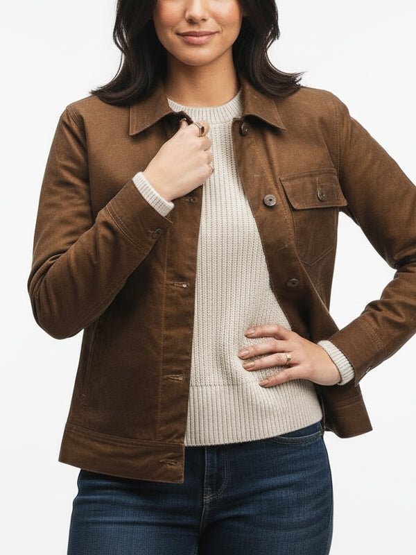 Women's Slim fit Plain Canvas Waxed Brown Jacket - view 3