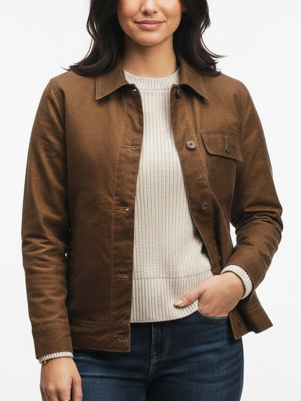 Women's Slim fit Plain Canvas Waxed Brown Jacket - view 4