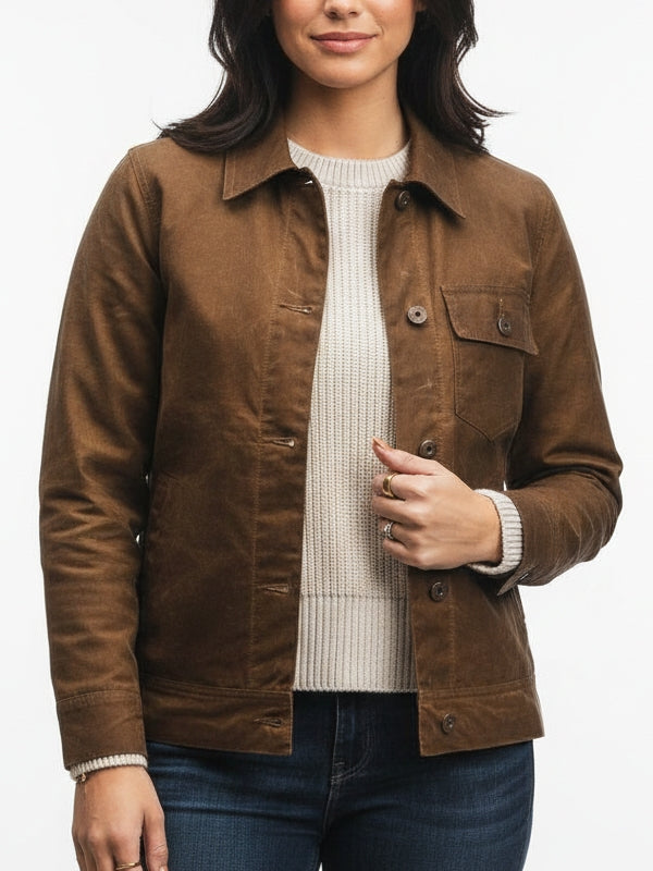 Women's Slim fit Plain Canvas Waxed Brown Jacket