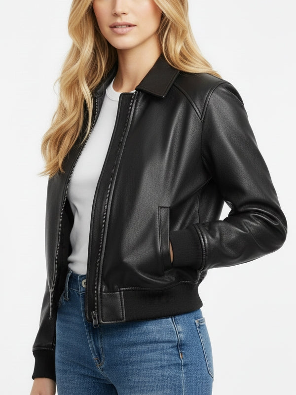 Women's Casual Black Bomber Leather Jacket - view 2