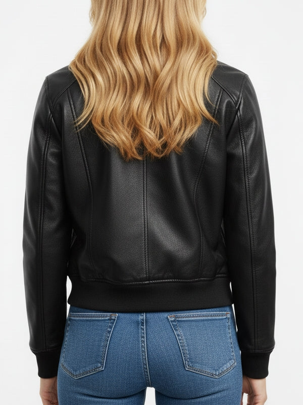 Women's Casual Black Bomber Leather Jacket - view 3
