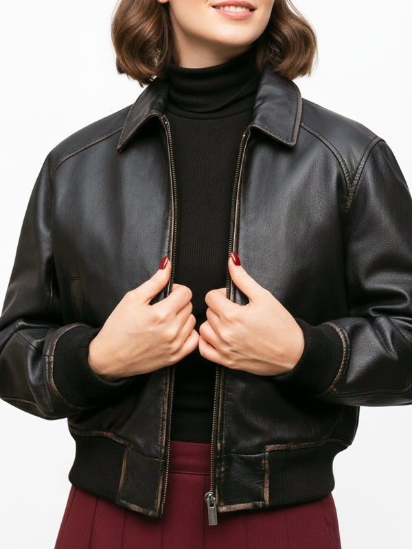 Women's Distressed Brown Bomber Leather Jacket - view 2