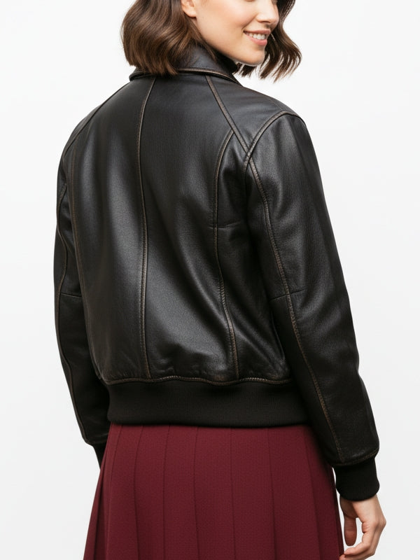 Women's Distressed Brown Bomber Leather Jacket - view 3