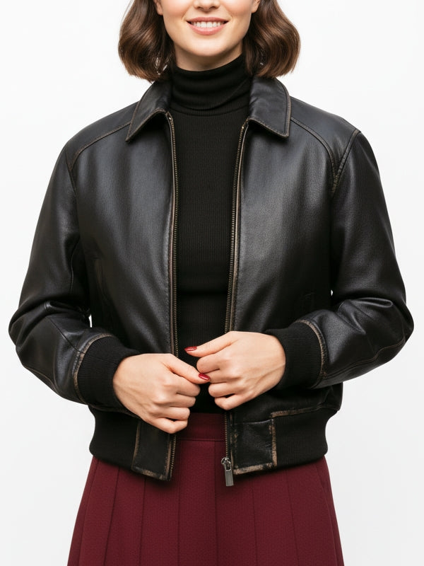 Women's Distressed Brown Bomber Leather Jacket