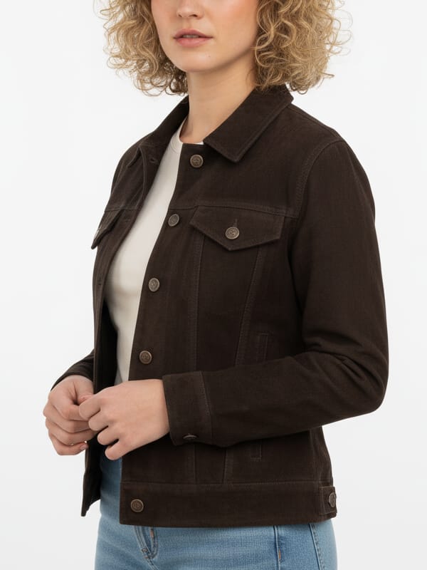 Women's Trucker Dark Brown Suede Leather Jacket - view 2