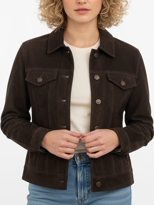 Women's Trucker Dark Brown Suede Leather Jacket
