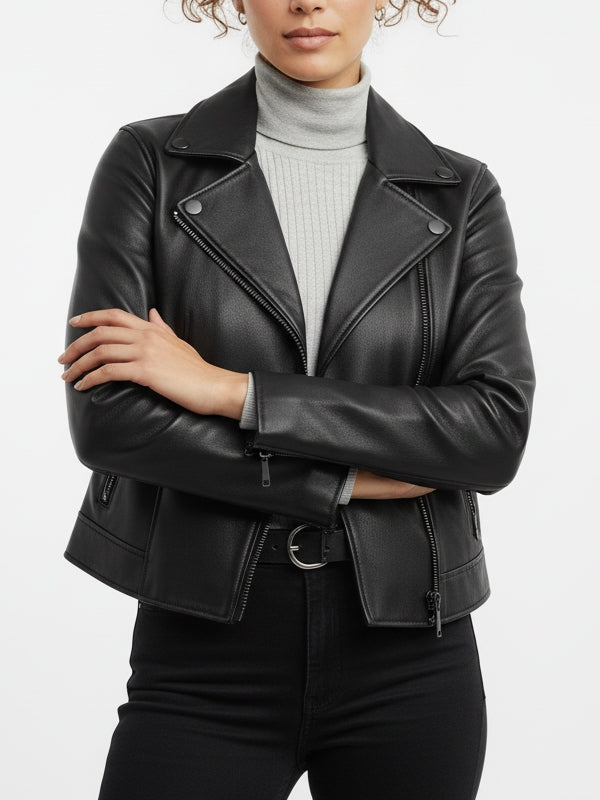 Women's Brando Motorcycle Black Leather Jacket - view 2