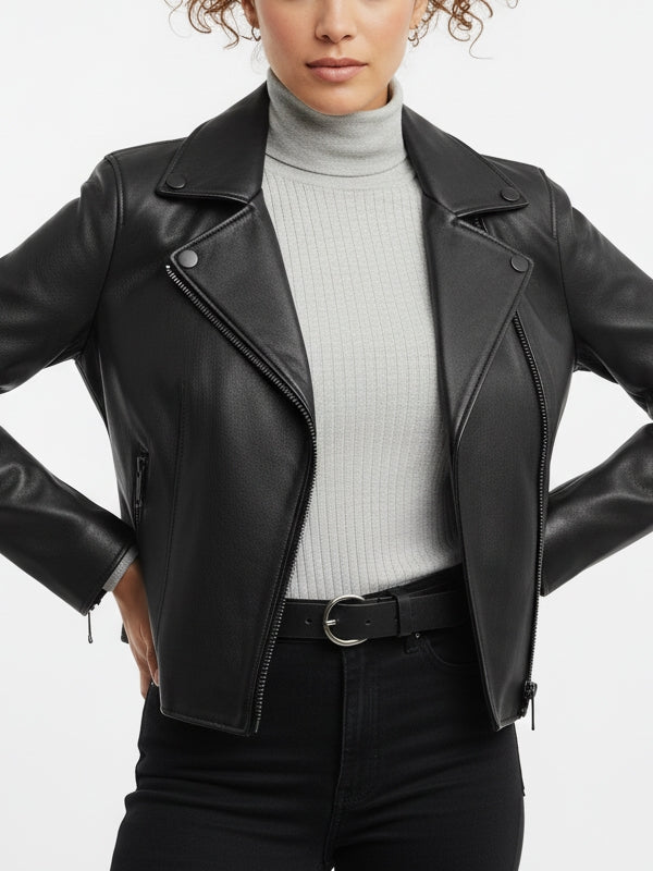 Women's Brando Motorcycle Black Leather Jacket - view 3