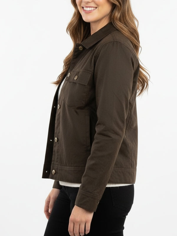 Women's Slim fit Plain Canvas Olive Green Jacket - view 3
